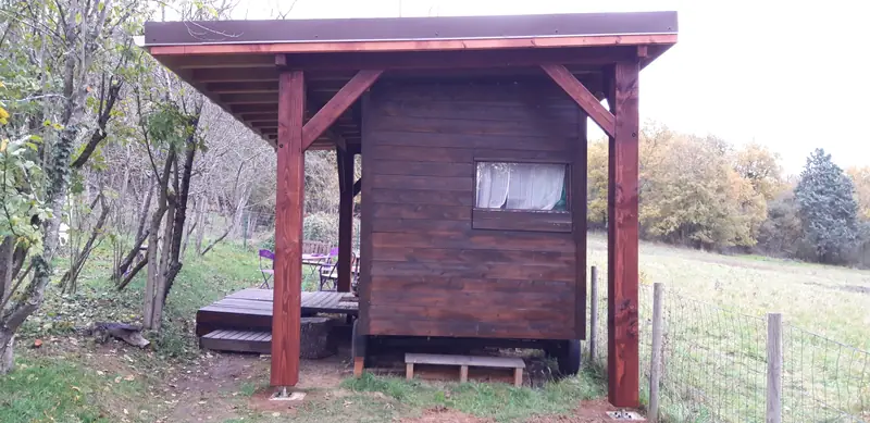 Carport en bois avec toiture devant la cabane