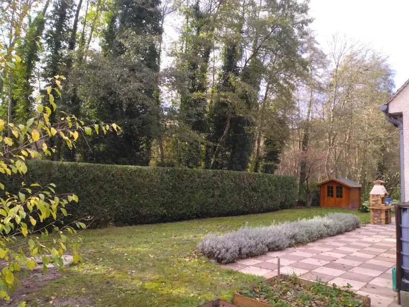 Haies taillées droites au fond du jardin, abri et barbecue
